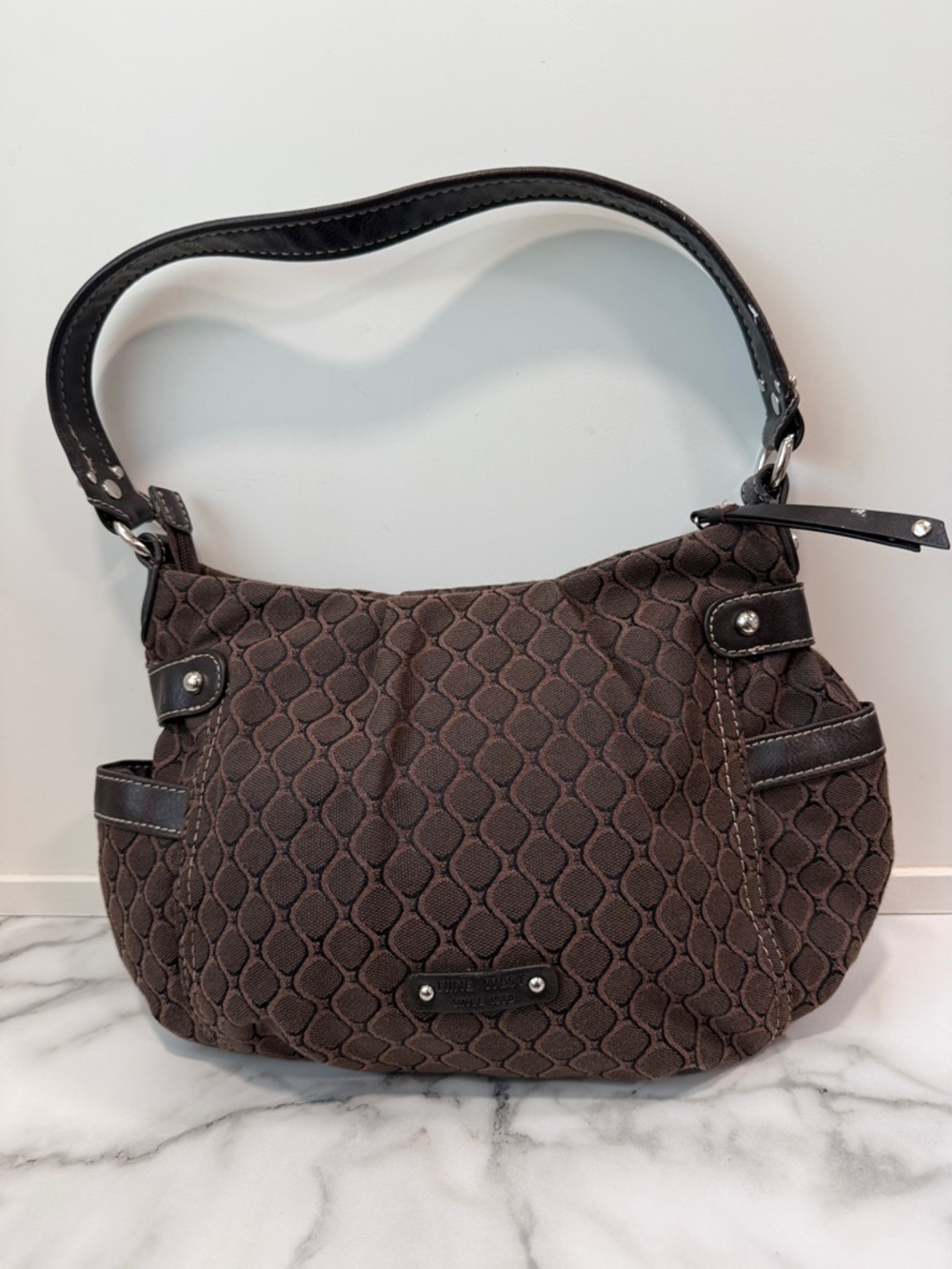 Nine West Vintage Geometric Canvas  Brown Quilted Y2K Hobo Shoulder Bag